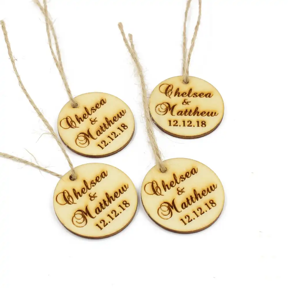 engraved wooden round tags wedding gift labels with twine custom