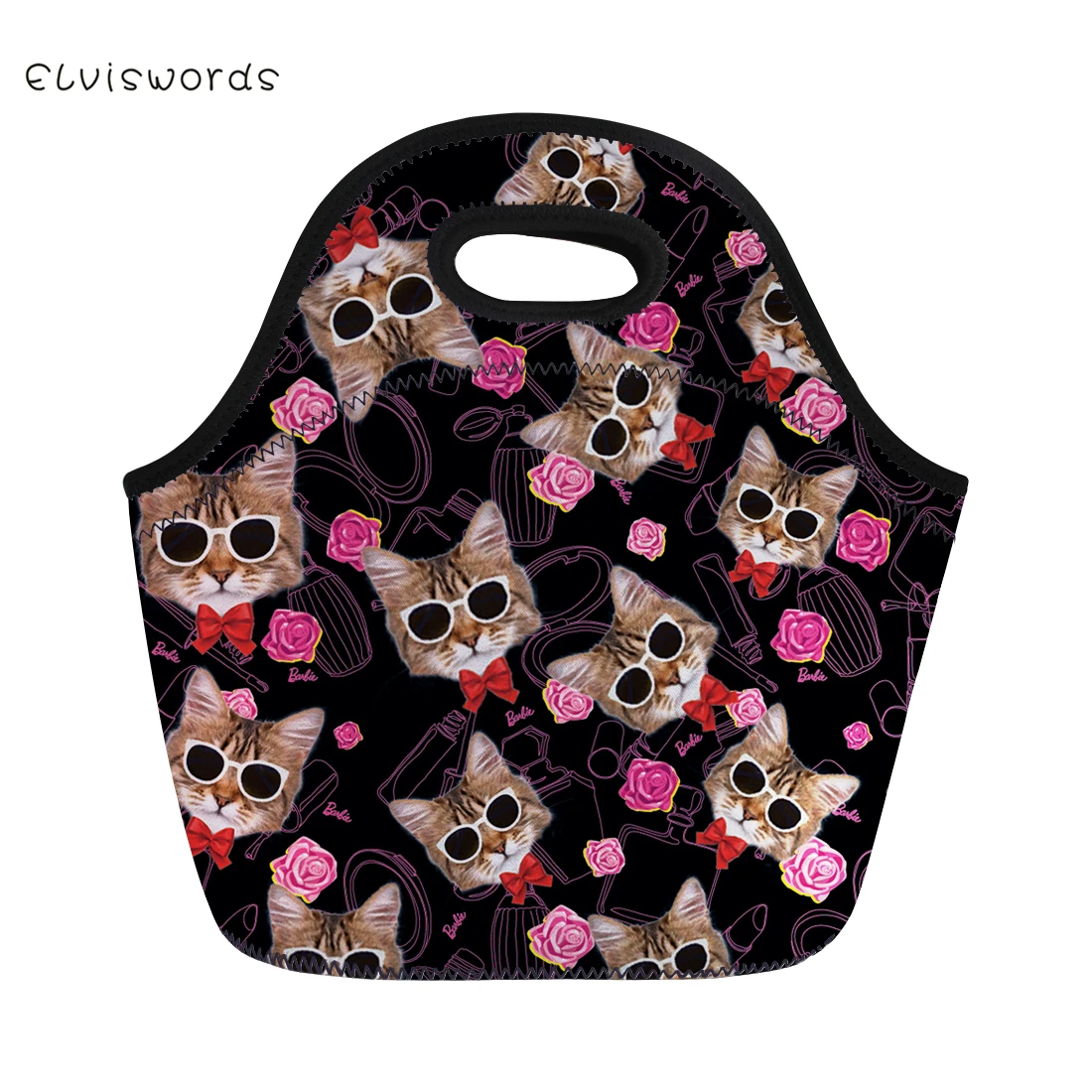 ELVISWORDS Cute Cats Printed Lunch Bag Neoprene Waterproof hand Box for Women Tote Girls Pinic Snacks Container Lovely | Багаж и сумки
