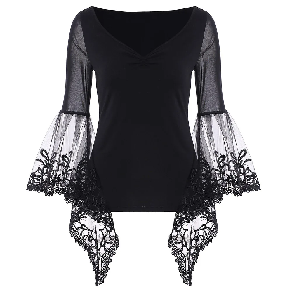 VESTLINDA Lace Flare Sleeve Sheer Panel Blusa Top Women Blouse Shirt Blusas Mujer 2017 Plus Size Women Clothing Summer Blouses 9