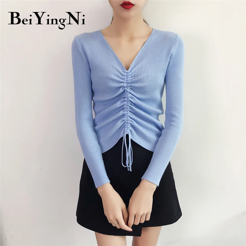 Beiyingni V-neck Sweater Women Drawstring Chic Knitted Female Pullover Fall High Elastic Tight Ladies Sweaters Truien Dames 2019 | Женская