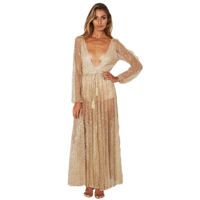 Gold Sequin Party long Dress summer sexy Long sleeve Deep V-neck Formal Dress Women Sexy Mesh Patchwork Bandage loose Maxi dress
Gold Sequin Party long Dress summer sexy Long sleeve Deep V-neck Formal Dress Women Sexy Mesh Patchwork Bandage loose Maxi dress