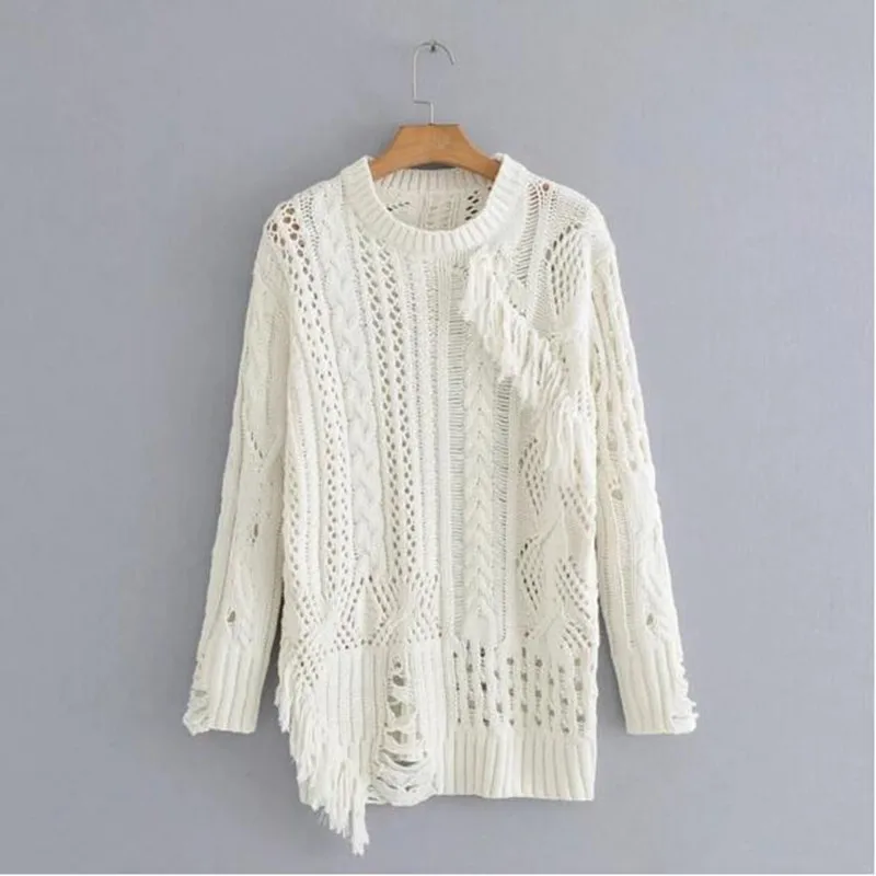 2018 Spliced Tassel Hollow out Hole Pullover Knitted Sweater Woman O neck Long sleeve Loose Knitwear top White | Женская одежда