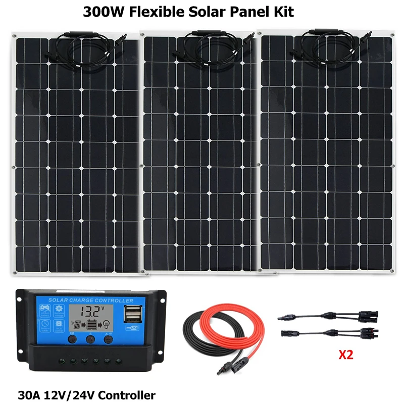 300W Solar System Kit for Beginner Flexible Solar Cell Car/Yacht/Steamsh+30A LCD solar controller+solar cable +MC4 Connector
300W Solar System Kit for Beginner Flexible Solar Cell Car/Yacht/Steamsh+30A LCD solar controller+solar cable +MC4 Connector