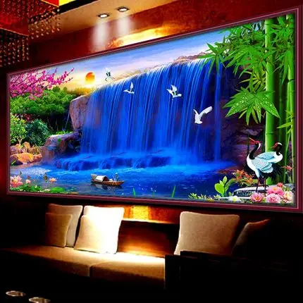 

150*60cm Needlework,DIY Set For Full Embroidery kit,Sunset Blue Waterfall Bird Counted Cross-Stitch Scenic Paint Wall Home Decor