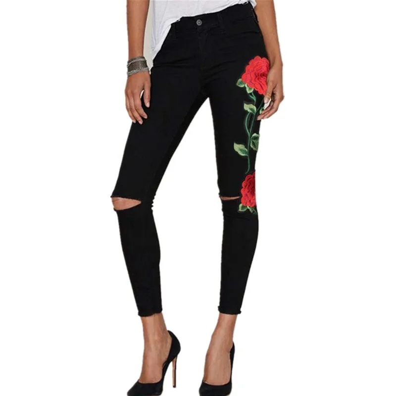 Stretch hole Embroidered Jeans Women's Elastic Flower Jeans Female Slim Denim Pants Hole Ripped Rose Pattern Jeans black 5.30
Stretch hole Embroidered Jeans Women's Elastic Flower Jeans Female Slim Denim Pants Hole Ripped Rose Pattern Jeans black 5.30