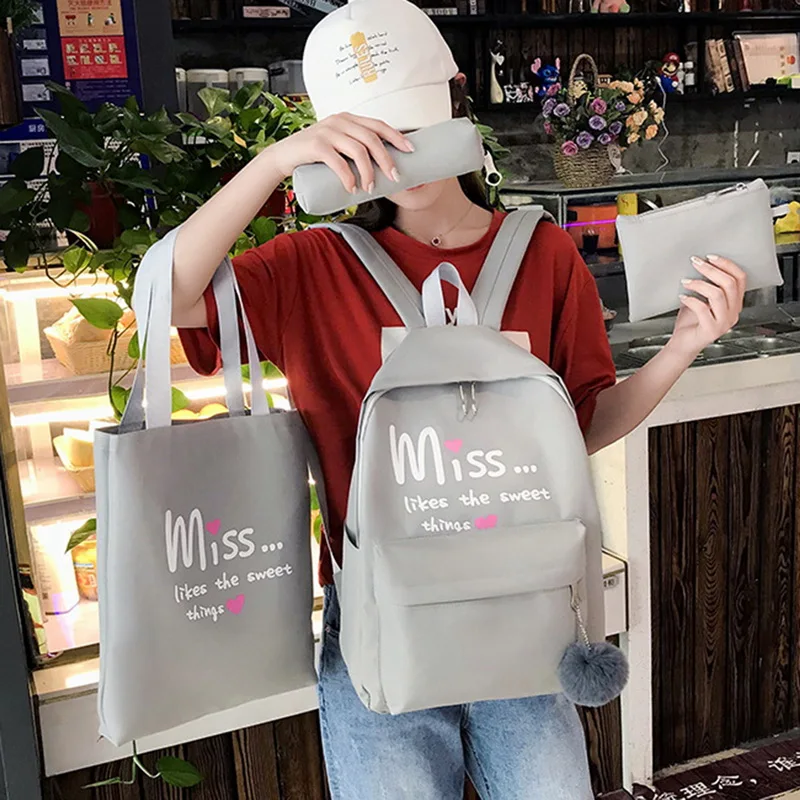 Apparel - 5pcs/set School Bag for Teenager Student Girls Women Canvas Backpack Bow Bundle Backpack Solid Mochila Backpack Schoolbag