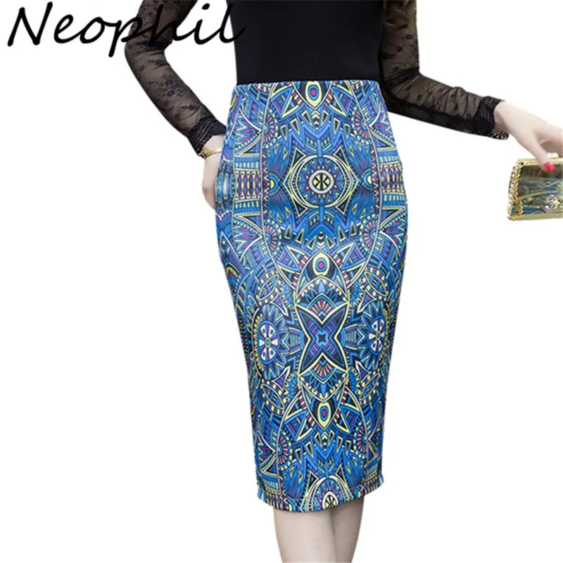 

Neophil 2022 Women Summer High Waist Pencil Skirts Midi Slim Fashion Geometric Print Stretch Bodycon Saias Jupe Femme S1607001