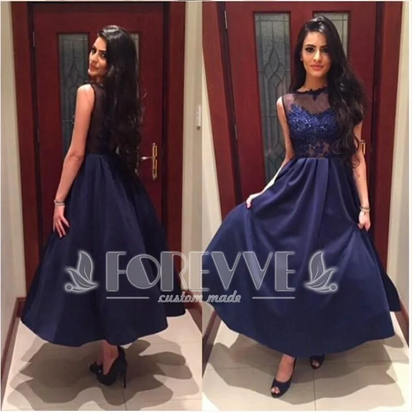 

New Navy Blue Satin Prom Dresses 2017 Sheer Appliques Formal dress Party Dresses Beaded Evening Gown Robe De Soiree Longue