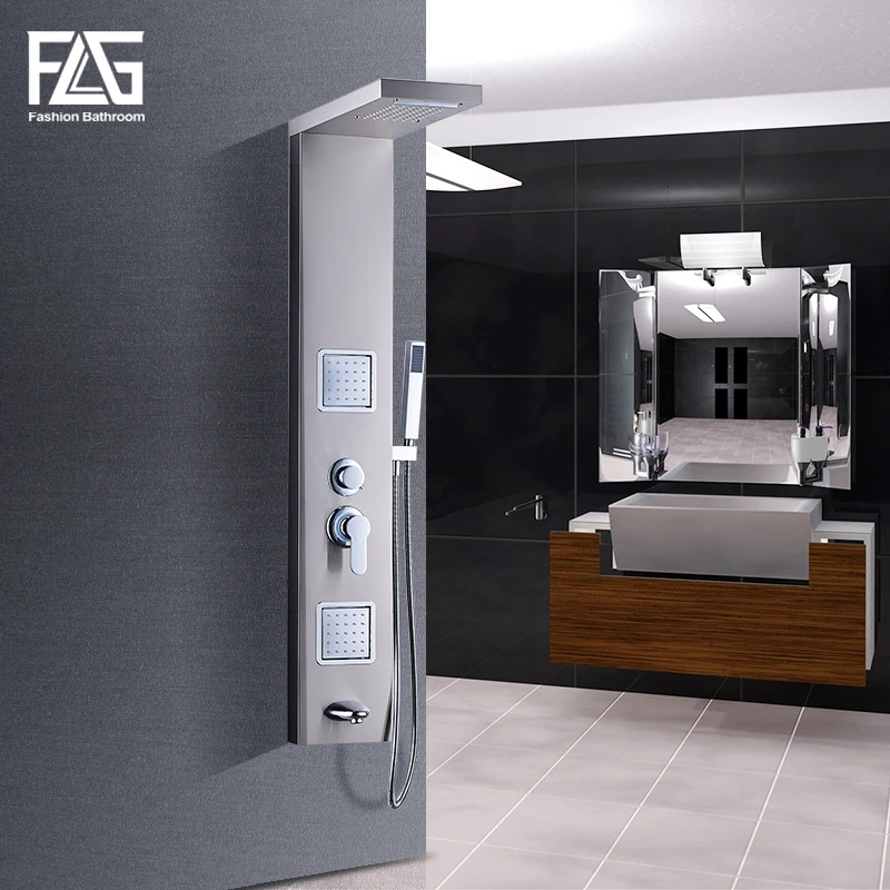 

FLG 304SUS Bathroom Rain Shower Panel Brushed Nickel Shower Column Tub Jets Hand Shower Wall Panels With Body Massage