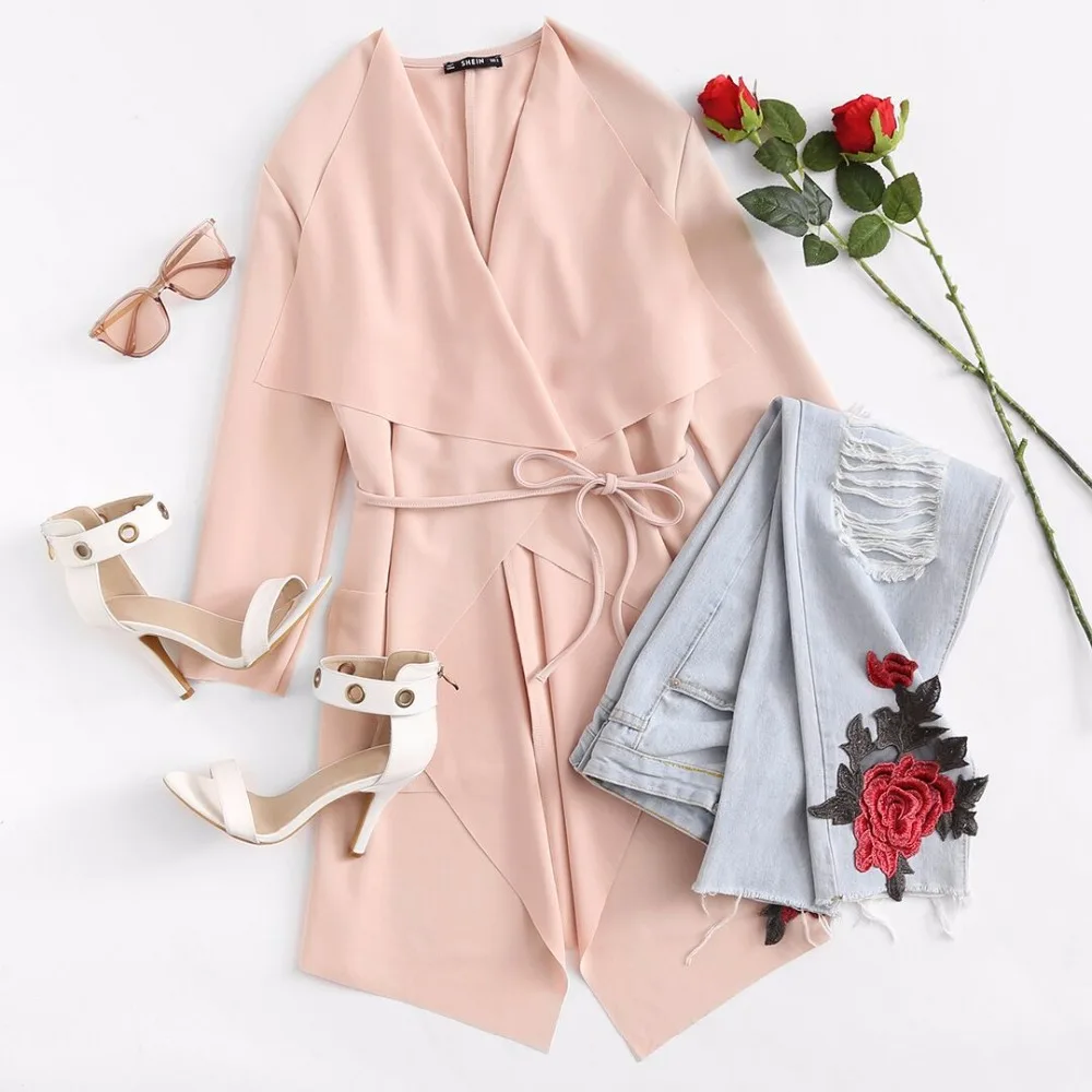 

Sheinside Waterfall Collar Pocket Front Wrap Work Wear Trench Peach 3/4 Sleeve Apricot Knee Length With Belts Office Women Coat