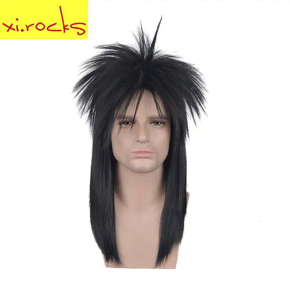 3617 Xi Rock Medium Length Straight Rocking Dude Black Synthetic Stylish Art Emo Punk Metal Rocker Disco Mullet Cosplay Wig Wigs