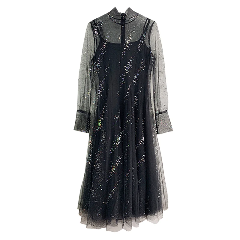 PERHAPS U black blue pink beige sequin mesh stand collar long sleeve two-piece suit a line midi dress spring D1057
PERHAPS U black blue pink beige sequin mesh stand collar long sleeve two-piece suit a line midi dress spring D1057