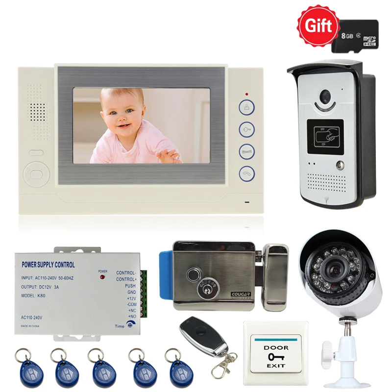 

JEX 7 inch LCD Video Door Phone Doorbell Intercom system kit White Record Monitor + RFID Access COMS Camera + CCTV Camera+E-lock