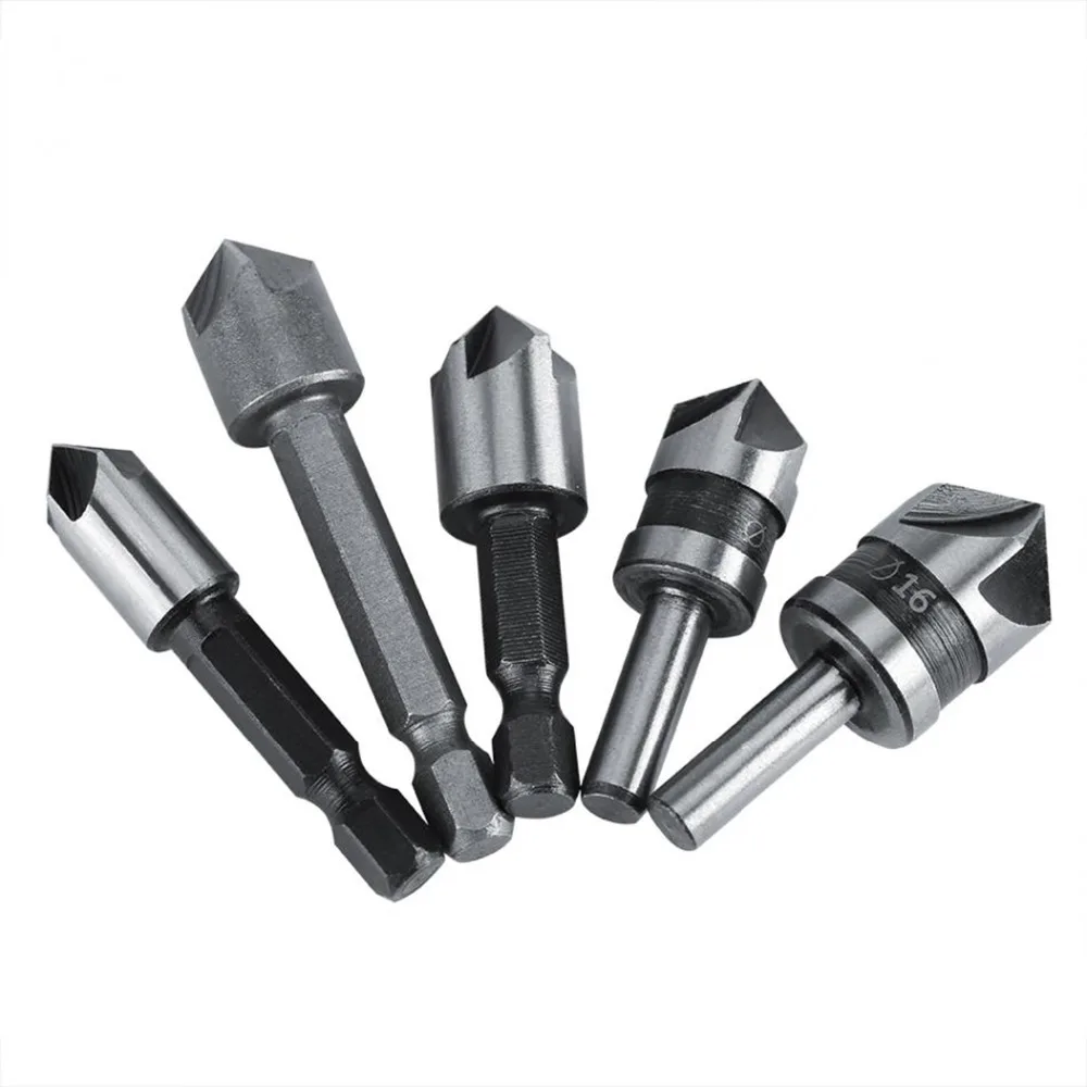 5pc Industrial 5 Flutes 82 Degree Countersink Drill Bit Set Wood Metal Working Chamfer and Deburring Tool (1)