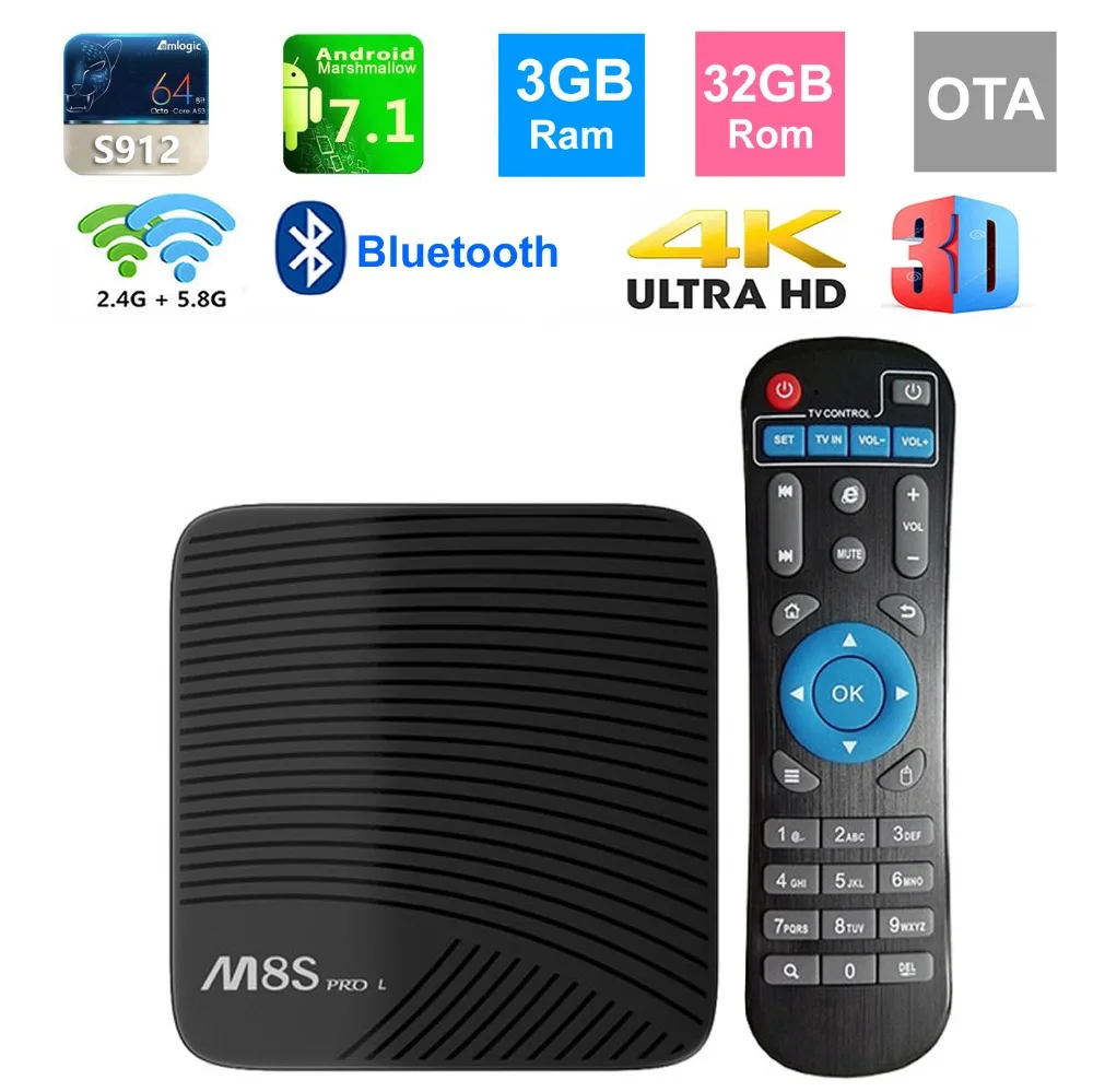 

M8S PRO L Android 7.1 Smart TV BOX Amlogic S912 Octa core 3GB Ram 32GB Rom 2.4G / 5G Dual WIFI 4K 3D Bluetooth TV Set-top Box