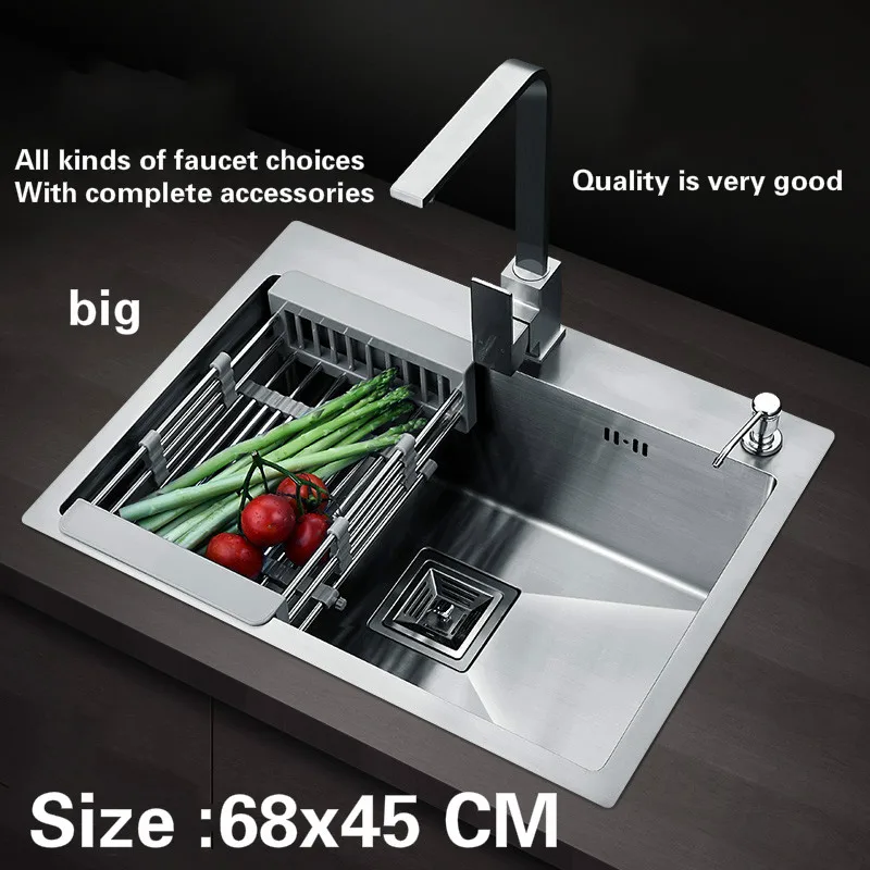 

Free shipping Big kitchen sink durable 304 stainless steel 1.2 mm hand made single slot hot sell 68 x45 CM