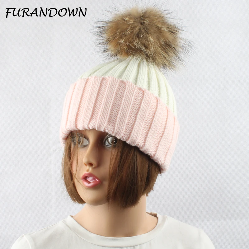 

2016 Women Beanie Winter Fur Hat Ladies Warm Knit Patchwork Cap Raccoon Fur Pom poms Bobble Ski Hat