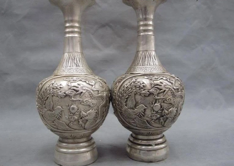 10 Chinese Royal white bronze silver lucky Dragon phenix play bead Pot vase pair
10 Chinese Royal white bronze silver lucky Dragon phenix play bead Pot vase pair