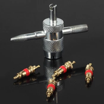 OOTDTY Car Bike 4 Way Tyre Valve Repair Standard Tire Remover Tool + 4 Stem Cores Kit