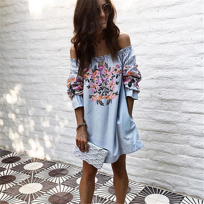 New Women Off Shoulder Dress Hot Summer Elegant Ladies Loose Dresses Half Sleeve Slash Neck Floral Printing Beach Dress Vestidos
New Women Off Shoulder Dress Hot Summer Elegant Ladies Loose Dresses Half Sleeve Slash Neck Floral Printing Beach Dress Vestidos