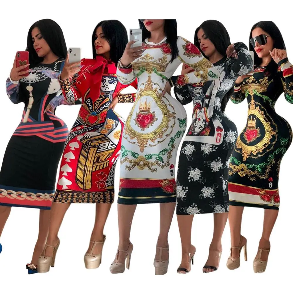 2018 Autumn Long Sleeve O-neck Poker playing cards Vintage Chain Print Dresses women sexy Bandage nightclub Midi dress Y133
2018 Autumn Long Sleeve O-neck Poker playing cards Vintage Chain Print Dresses women sexy Bandage nightclub Midi dress Y133