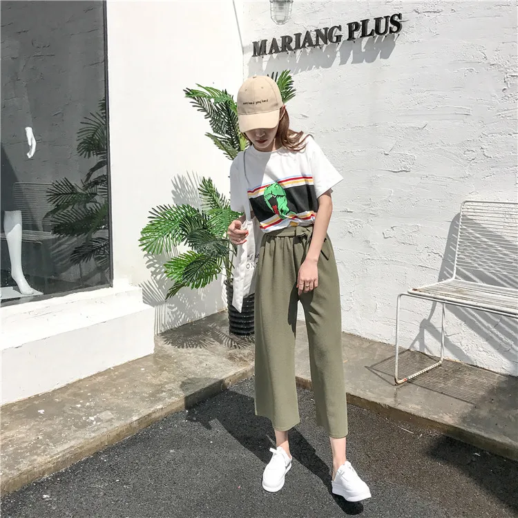 Plus Size - Casual Elastic Waist Loose Wide Leg Pants Preppy Style Trousers Female Palazzo Pants (Us 18W-20W)
