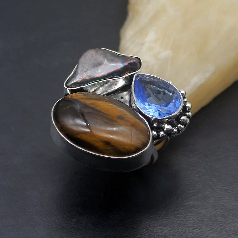 Gallant Винтаж тигры глаз Bluetooth Biwa жемчужное 925 пробы Серебряное кольцо размер 7 H89 |
