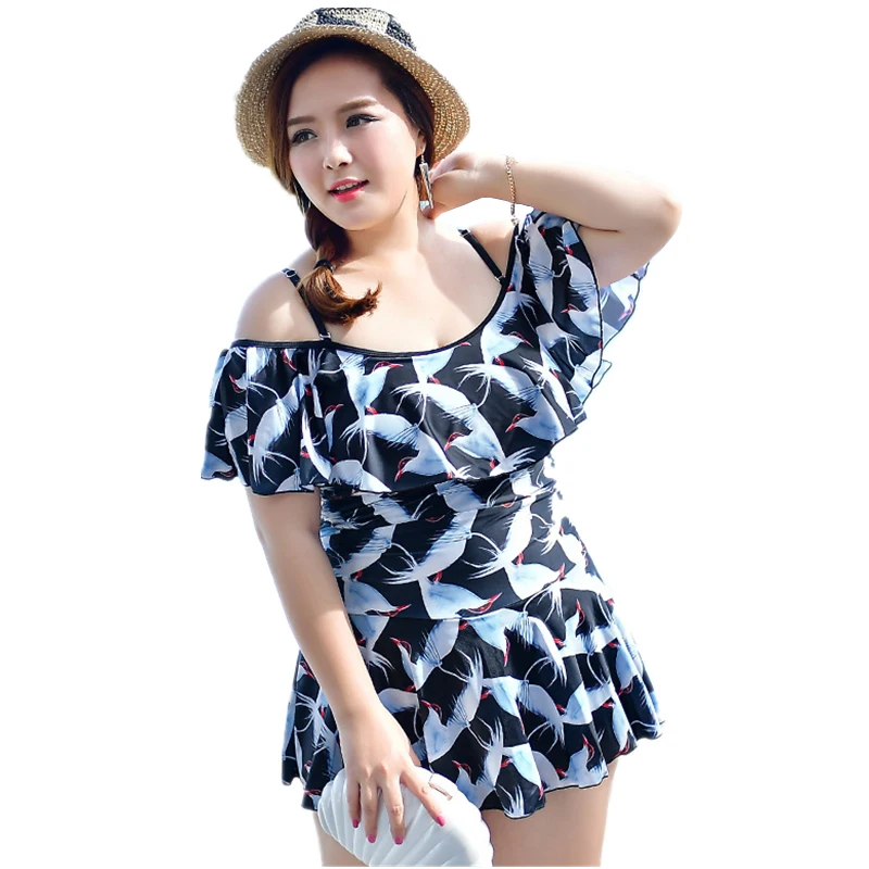 Image Newest Bird Print Padded Skirt Bandeau Swimwear Women One Piece Swimsuit Beachwear Bathing Suit Swimwear Dress Plus Size 3XL 6XL