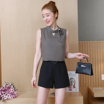 Two-piece joker chiffon Korean fashion bow blouse & short wide-legged pants suit women stripe blusa sleeveless tops shorts kit
Two-piece joker chiffon Korean fashion bow blouse & short wide-legged pants suit women stripe blusa sleeveless tops shorts kit