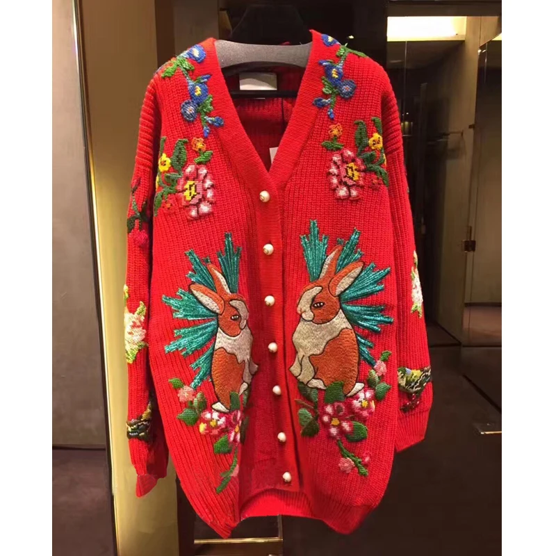 High Quality 30% Wool Sweater for Women Winter V Neck Embroidered Rabbit Tiger Flowers Warm Knitted Cardigans Red
High Quality 30% Wool Sweater for Women Winter V Neck Embroidered Rabbit Tiger Flowers Warm Knitted Cardigans Red