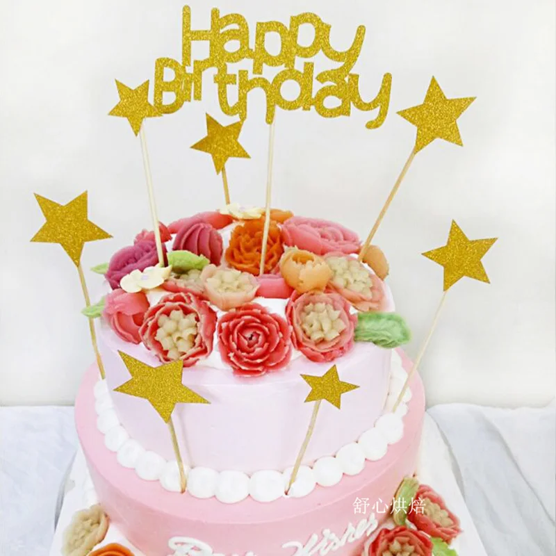 

1 Set Gold Glitter Happy Birthday Cake Topper Flag For Kids Baby Shower Sticks Cupcake Picks DIY Party Cake Decoration Household