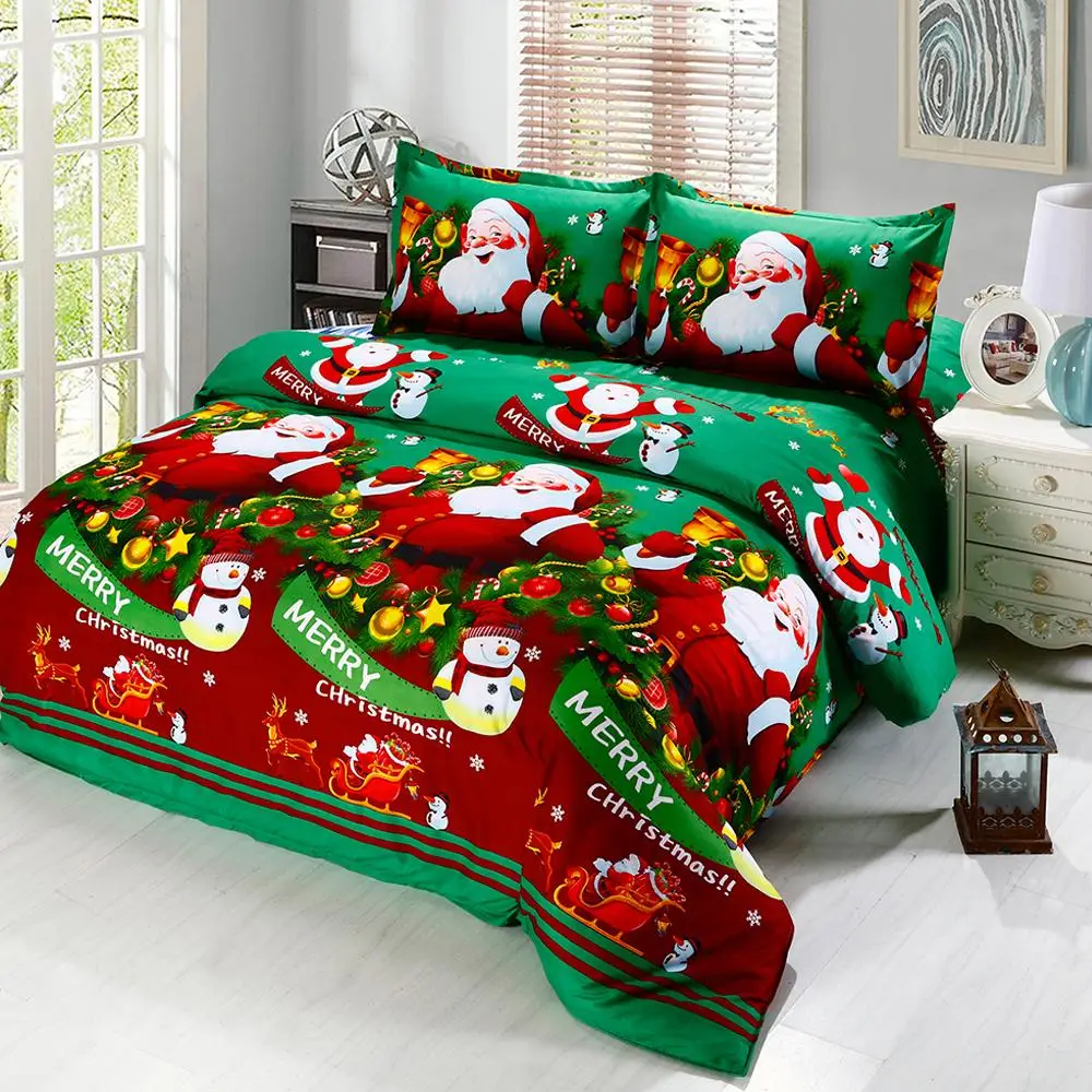 4pcs Christmas Bedding Set Green Blue Red Santa Claus Gift Duvet