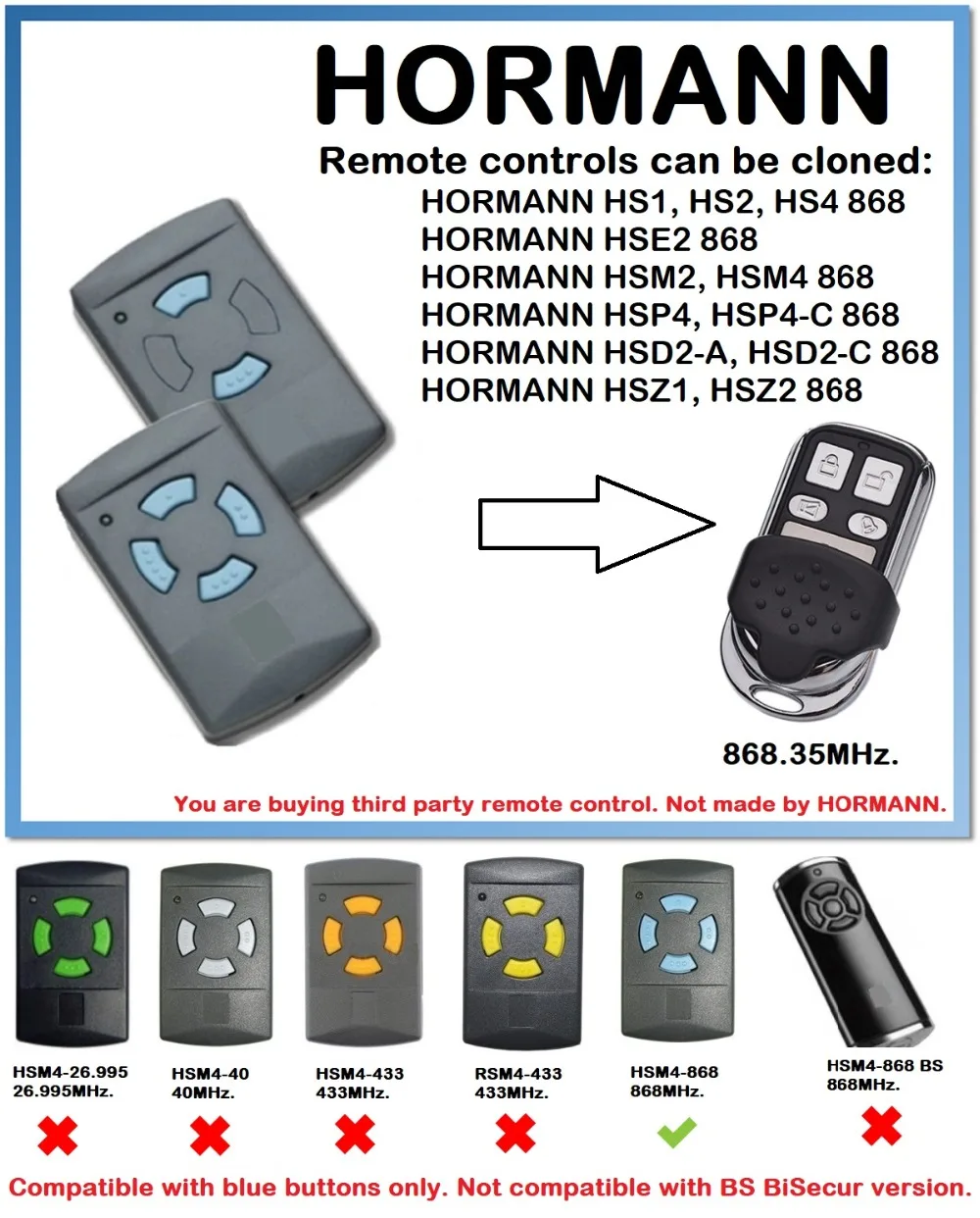 Hormann HSM4 868 mhz remote control Compatible with HSM2, HSM4 HS1 HS2 HS4 HSP4 HSP4-C HSE2 868MHz remote control duplicator
Hormann HSM4 868 mhz remote control Compatible with HSM2, HSM4 HS1 HS2 HS4 HSP4 HSP4-C HSE2 868MHz remote control duplicator