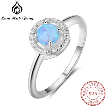 

Genuine 925 Sterling Silver Ring Created Round Blue Opal Stone for Women Fine Jewelry Wedding Anniversary Gift (Lam Hub Fong)