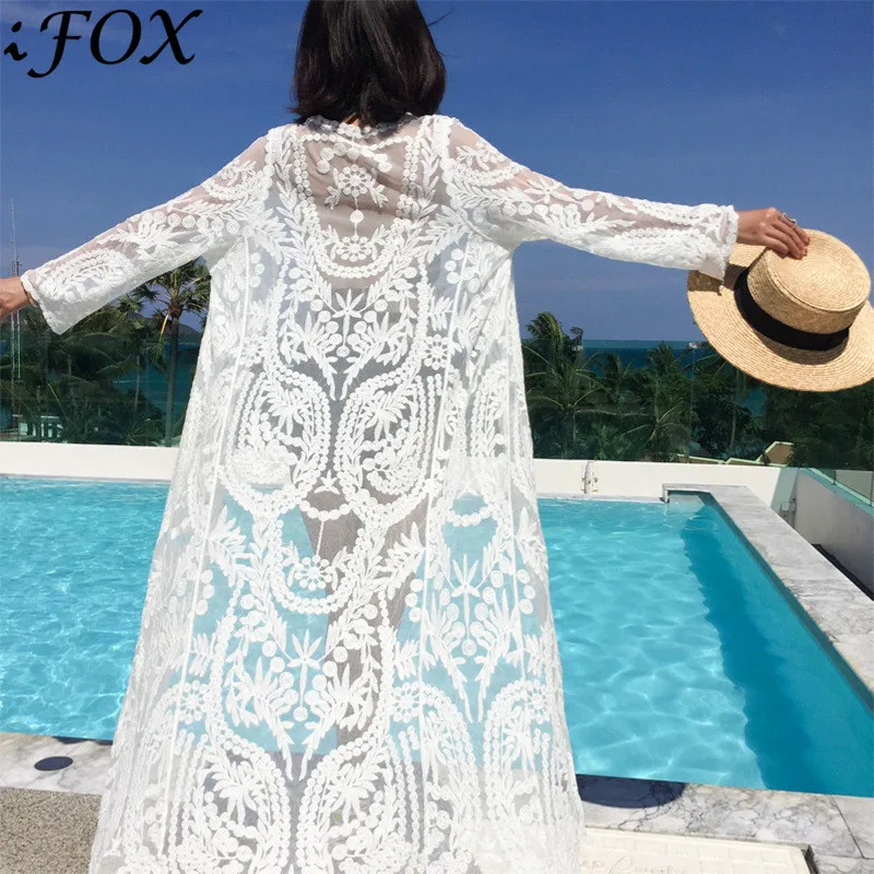 Real Photo Lace Long Beach Dress Charming V Neck Embroidery Women Swim Beach Wear Long Sleeve Hollow Out Kaftan Beach Cover up
Real Photo Lace Long Beach Dress Charming V Neck Embroidery Women Swim Beach Wear Long Sleeve Hollow Out Kaftan Beach Cover up