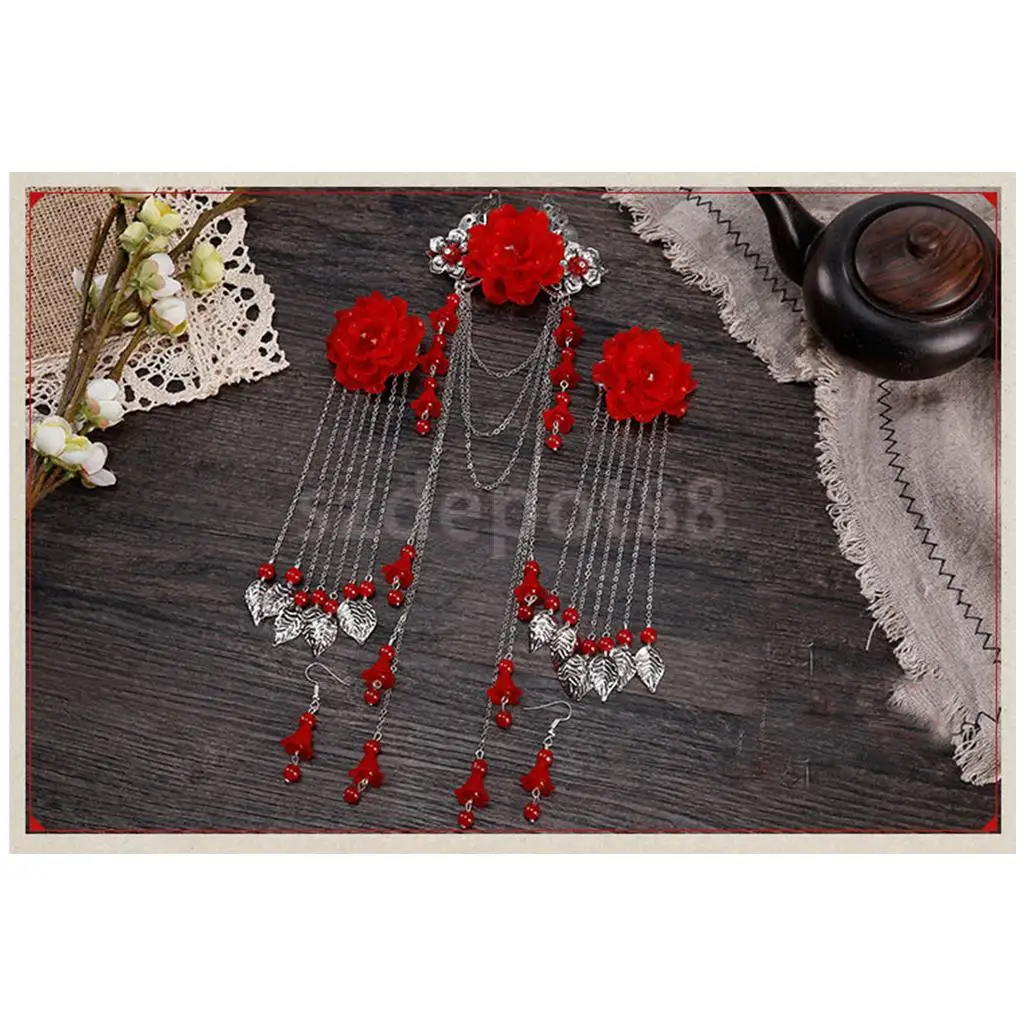 3 Pieces Costume Classic Flower Hair Clip Tassel Hair Barrette for Hanfu COS Hair Ornaments