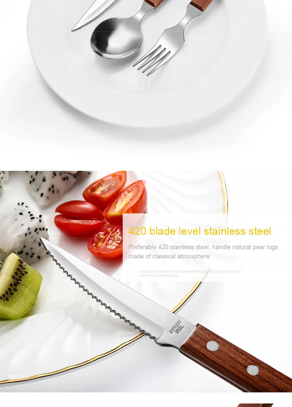 Chic Wooden Handle Dinnerware Set Stainless Steel Black Rosewood Knife Fork Tableware Cutlery European Western Food Set 3pcs (6)