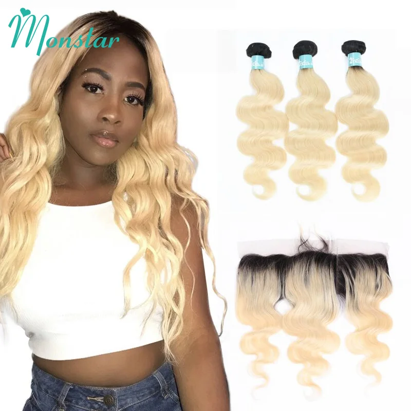 

Monstar 1B/613 Dark Roots Ombre Blonde Brazilian Body Wave Remy Human Hair Bundles with Frontal,3/4 Bundle Deals with Closure