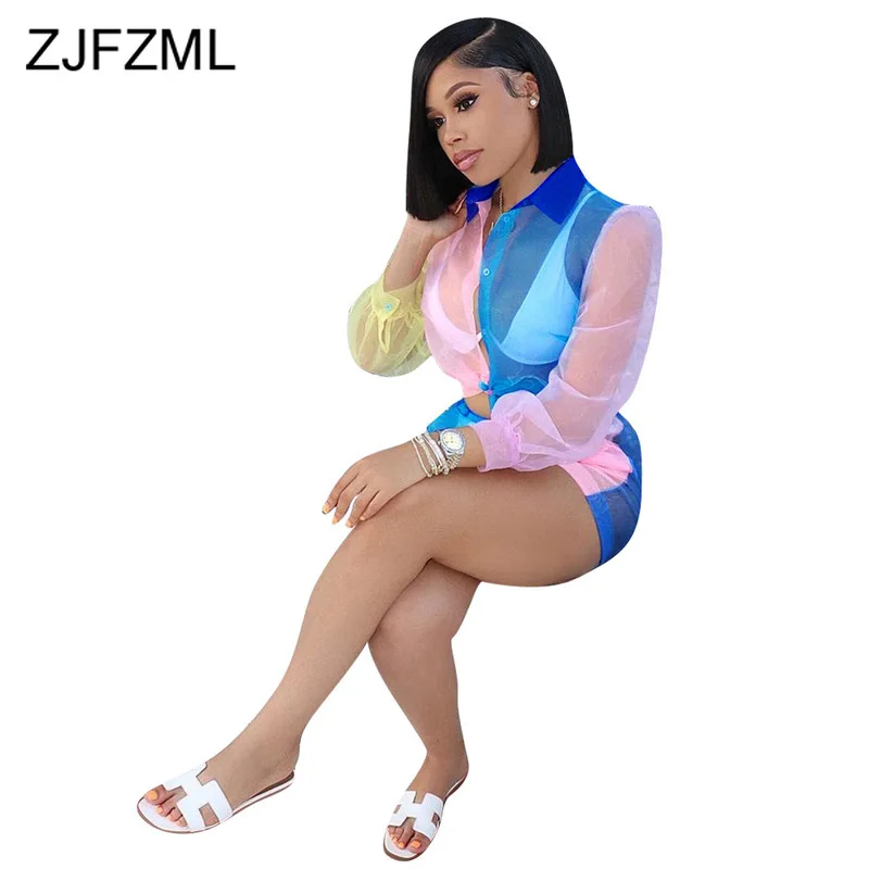 Contrast Color Spliced Two Piece Set Women Turn Down Collar Long Sleeve Crop Top And Bodycon Shorts Sheer Mesh See Through Suit
Contrast Color Spliced Two Piece Set Women Turn Down Collar Long Sleeve Crop Top And Bodycon Shorts Sheer Mesh See Through Suit