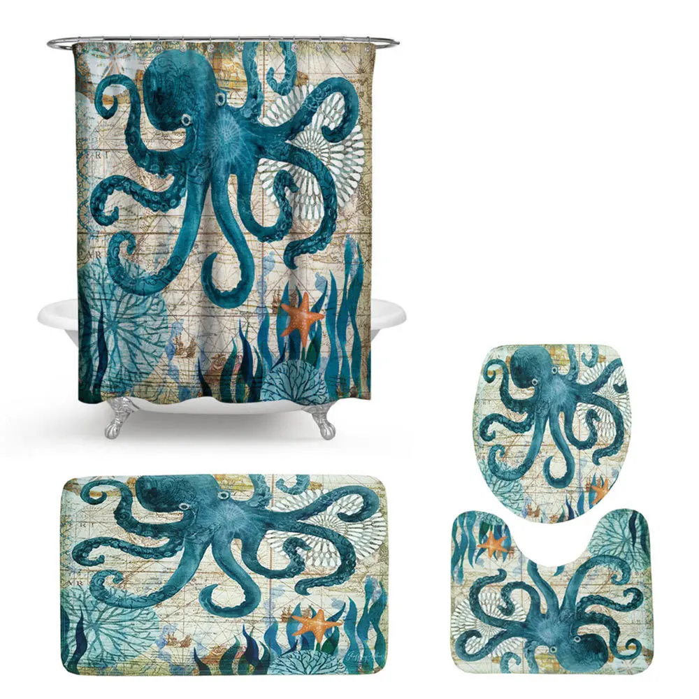 Marine Animal Print Shower Curtain 4 Piece Carpet Cover Toilet Cover Bath Mat Pad Set Bathroom Curtain 12 Hooks
Marine Animal Print Shower Curtain 4 Piece Carpet Cover Toilet Cover Bath Mat Pad Set Bathroom Curtain 12 Hooks