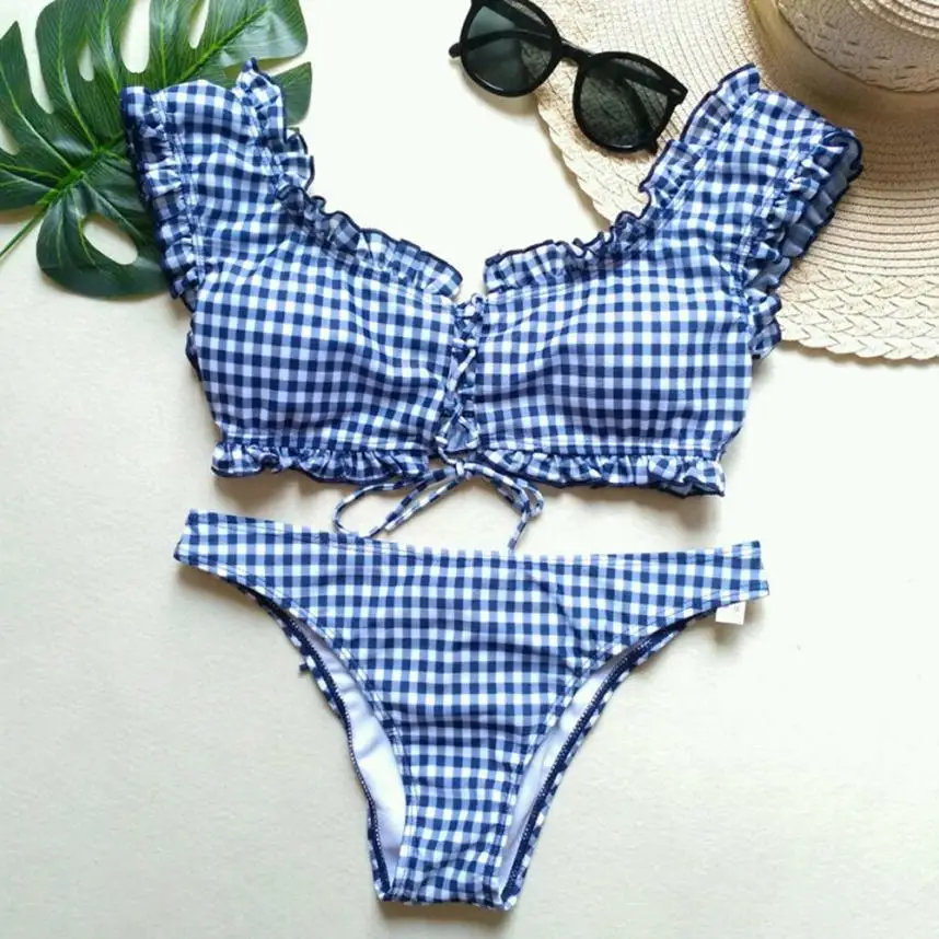

Womail Bikini Set Women New Frilled Gingham Lace Up Bralette Sexy Low Waisted Scoop Neck Swimsuit Summer Beach Swimwear #A40