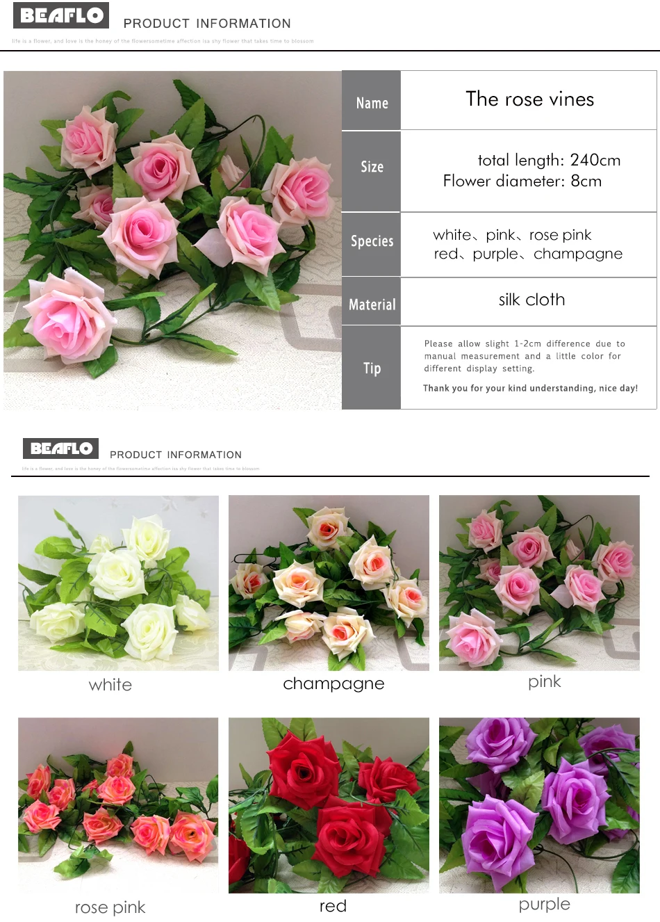 Generic 2.4m Silk Artificial Roses Flowers Rattan String Vine With