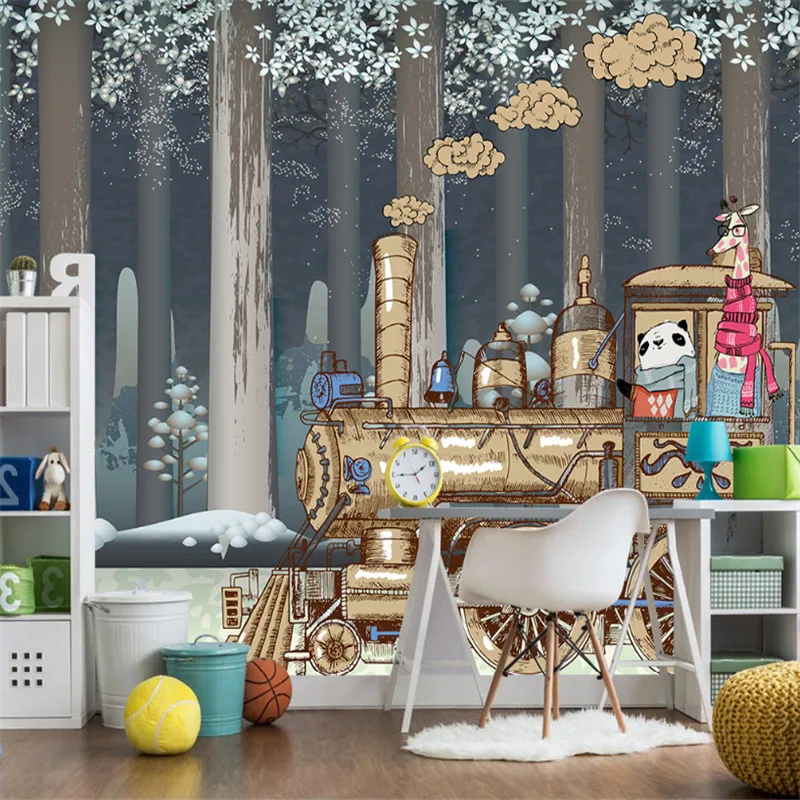 3d фотообои на заказ нетканые обои скандинавский мультфильм животное поезд лес