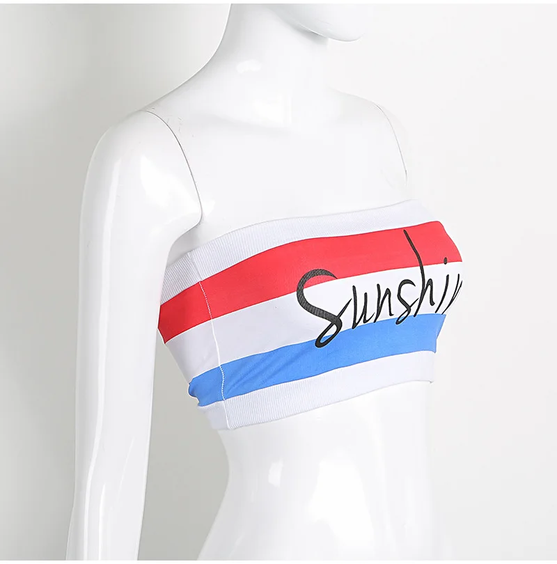 OUBINEW 17 summer Tube Tops bare shoulder shorts crop top printing sunshine letter red and blue stripe wrap chest T2230Z 9