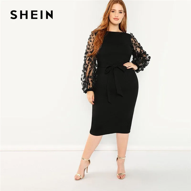 

SHEIN Women Plus Size Elegant Black Pencil Dress With Applique Mesh Lantern Sleeve High Street Belted Slim Fit Party Dresses