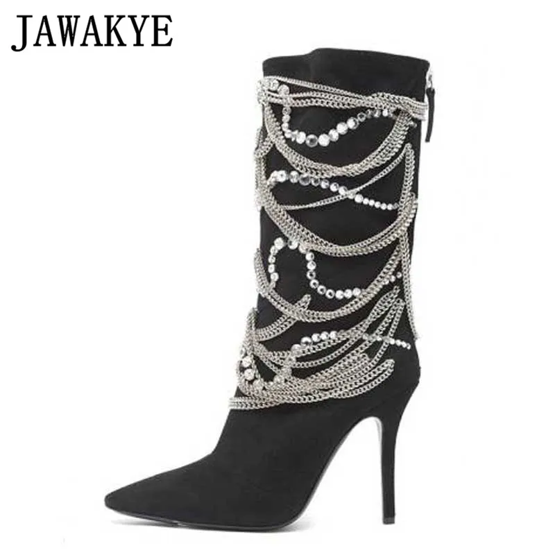 Runway crystal sling chain decoration mid calf boots for women black kid suede pointed toe thin high heels party boots female
Runway crystal sling chain decoration mid calf boots for women black kid suede pointed toe thin high heels party boots female