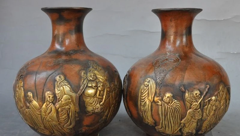 7"Folk China Myth Bronze Gilt Eighteen Arhats Buddha Statue Bottle Vase Pot Pair
7"Folk China Myth Bronze Gilt Eighteen Arhats Buddha Statue Bottle Vase Pot Pair