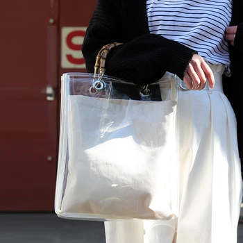 2020 autumn and winter new bamboo handle transparent PVC mother bag leisure bag portable tote bag
2020 autumn and winter new bamboo handle transparent PVC mother bag leisure bag portable tote bag