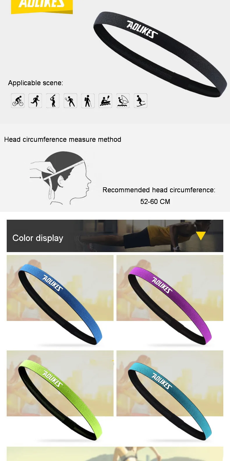 Description Picture 3 of itemAOLIKES 1 Pcs Nylon Elastic Head Sweatband Non-slip For Men Women Yoga Hair Bands Running Sweat Bands Fitness Headband Wholesale