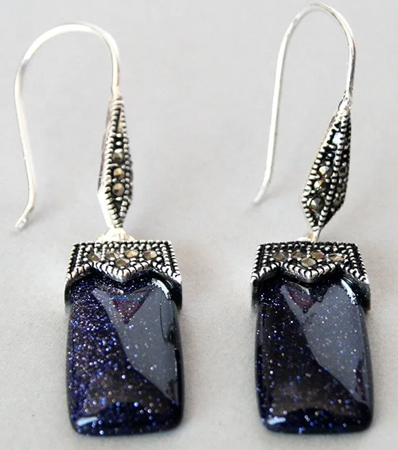 fashion jewelry blue sand stone 925 silver & macasite earrings 2" Natural Stone bread big | Украшения и аксессуары